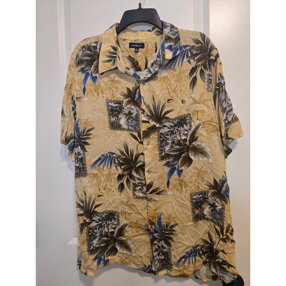 Croft & Barrow Mens XL Hawaiian Shirt Tan Palm Tree Tropical Rayon Button Down